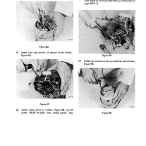 May include: Black and white technical manual page with four images illustrating alternator repair steps. Text includes instructions for installing screws, soldering wires, and securing components. Figures 52, 53, 54, and 55 are labeled.