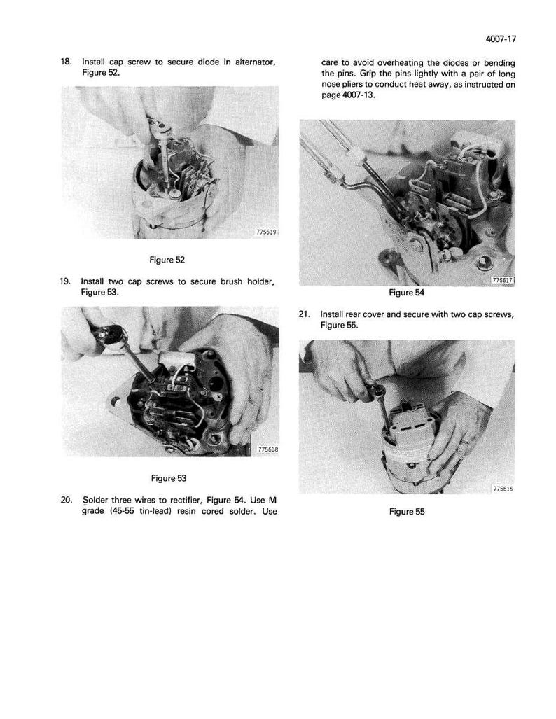 May include: Black and white technical manual page with four images illustrating alternator repair steps. Text includes instructions for installing screws, soldering wires, and securing components. Figures 52, 53, 54, and 55 are labeled.
