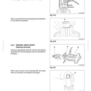 May include: Technical diagram from a manual showing the removal and installation of bearings on a driven gear shaft. The image includes illustrations of tools and components labeled with letters and numbers, with text instructions.