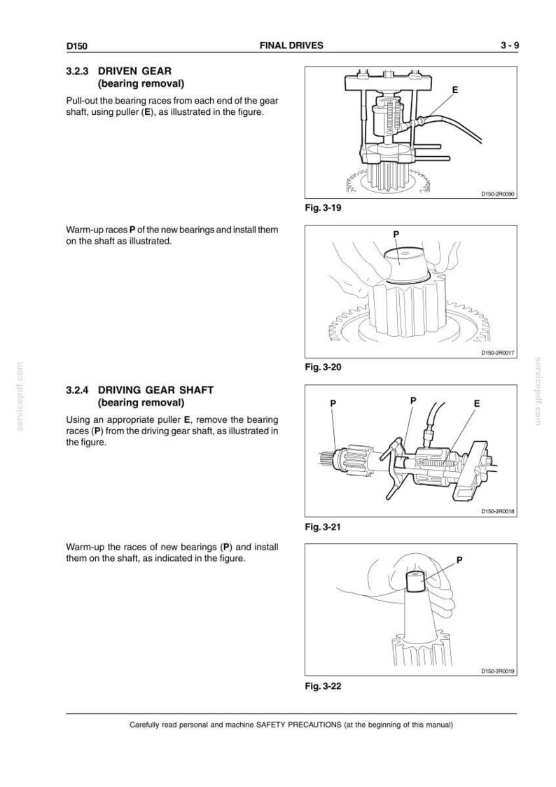 May include: Technical diagram from a manual showing the removal and installation of bearings on a driven gear shaft. The image includes illustrations of tools and components labeled with letters and numbers, with text instructions.