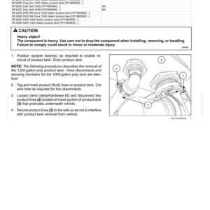 May include: Diagram of a product tank removal procedure. The image includes a parts list, a warning about a heavy object, and numbered steps with illustrations. The tank is labeled as a 1200-gallon poly tank.