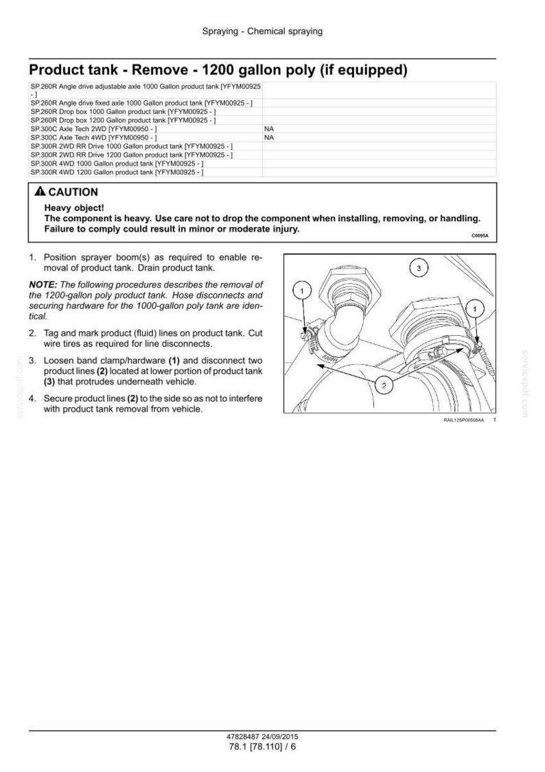 May include: Diagram of a product tank removal procedure. The image includes a parts list, a warning about a heavy object, and numbered steps with illustrations. The tank is labeled as a 1200-gallon poly tank.
