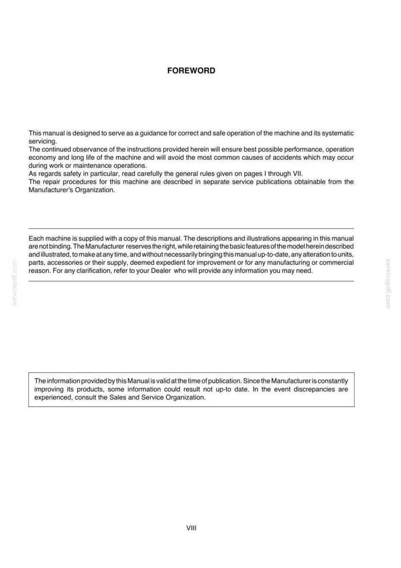 K&ouml;nnte beinhalten: Eine Seite aus einem technischen Handbuch mit der &Uuml;berschrift FOREWORD, die schwarzen Text auf wei&szlig;em Hintergrund enth&auml;lt. Sie bietet Anleitungen f&uuml;r den sicheren Betrieb und die Wartung einer Maschine sowie Haftungsausschl&uuml;sse.