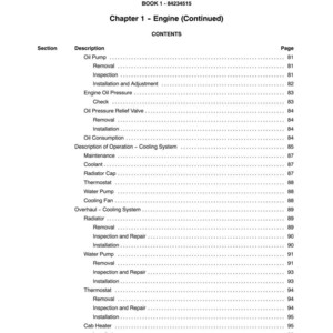 May include: A page from a manual titled "SECTION 10 - ENGINE" with a table of contents. The table lists engine components such as oil pump, thermostat, and water pump, with corresponding page numbers. The book's title is "BOOK 1 - 84234515".
