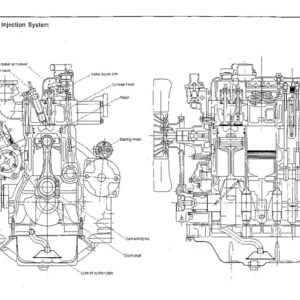 May include: A technical black and white line drawing showing a cross-sectional view of a direct injection engine system. The diagram includes labels for components such as the fuel injection pump, valve rocker arm, cylinder head, piston, and crankshaft.