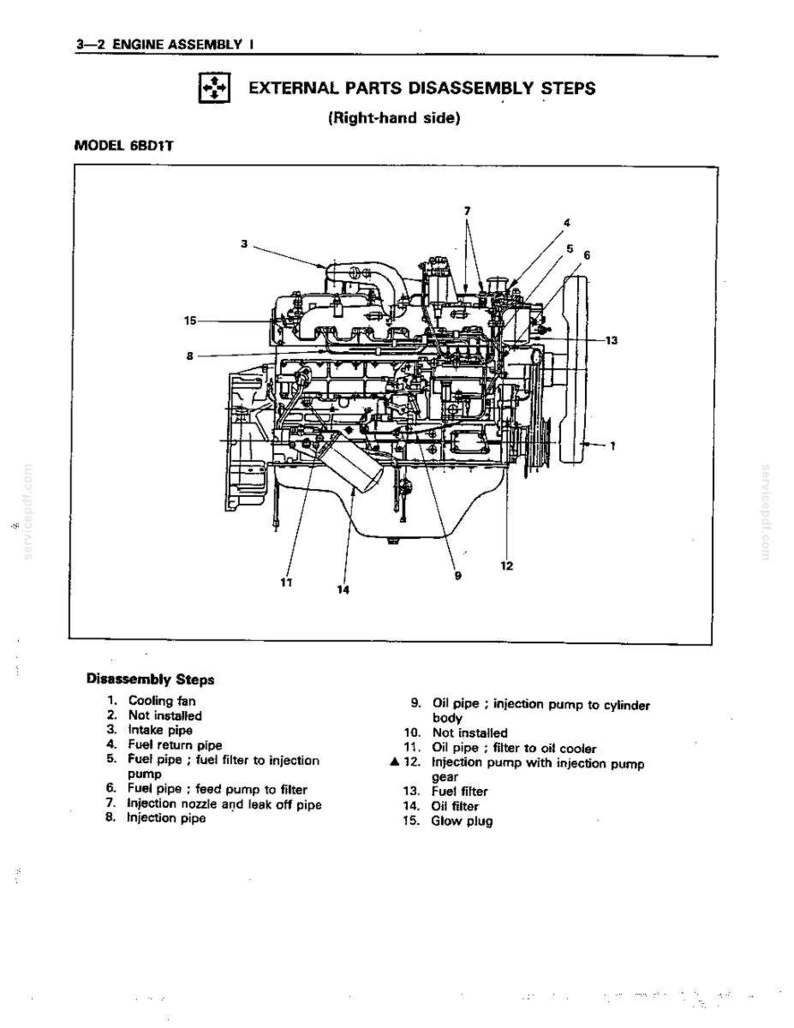 May include: A technical line drawing of a 6BD1T engine assembly, showing the right-hand side external parts. The diagram includes numbered labels from 1 to 15, corresponding to a list of disassembly steps for components like the cooling fan, fuel filter, oil filter, and glow plug.