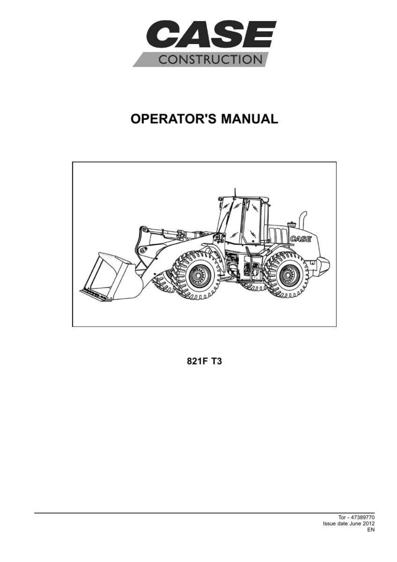 May include: A black and white line drawing of a CASE Construction wheel loader. The image is from an Operator's Manual and includes the text "CASE CONSTRUCTION" and "OPERATOR'S MANUAL". The model number "821F T3" is also visible.
