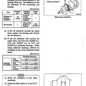 May include: Diagram of a measuring crankpin with specifications for diameter, oil clearance, and undersize crankpins. Includes measurements in inches and millimeters, with repair limits and finishing dimensions.
