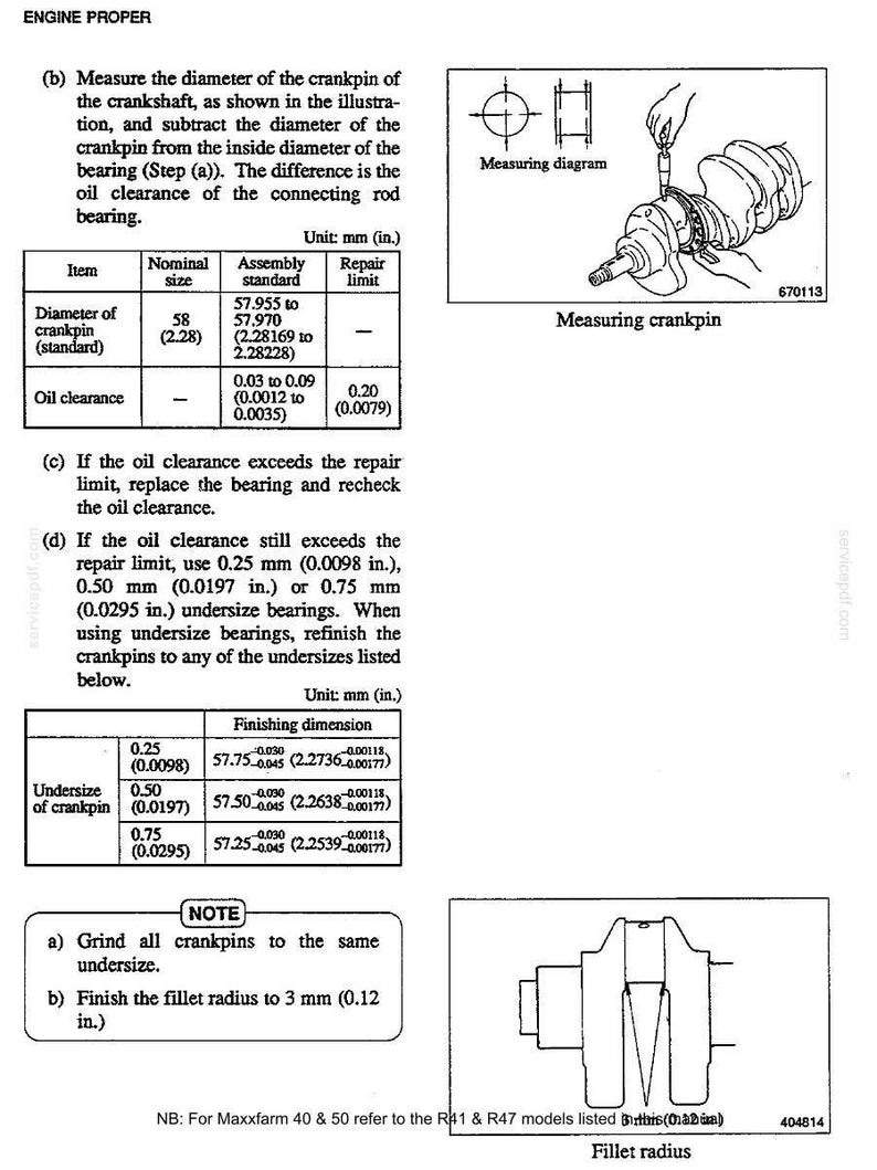 May include: Diagram of a measuring crankpin with specifications for diameter, oil clearance, and undersize crankpins. Includes measurements in inches and millimeters, with repair limits and finishing dimensions.