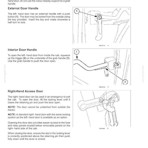 May include: A technical manual page titled 3-CONTROLS/INSTRUMENTS featuring line drawings of vehicle door handles. The diagrams illustrate an external handle with a push button, an interior handle with a trigger, and a right-hand access door locking lever.
