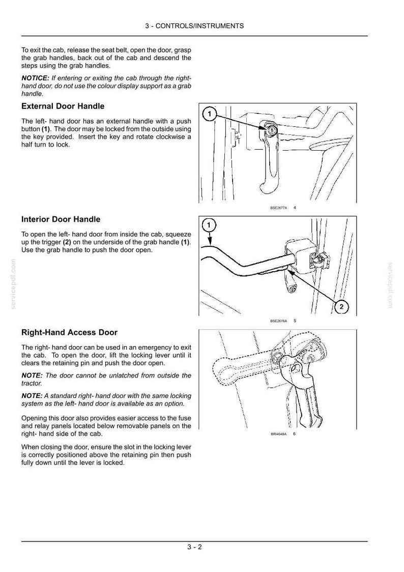 May include: A technical manual page titled 3-CONTROLS/INSTRUMENTS featuring line drawings of vehicle door handles. The diagrams illustrate an external handle with a push button, an interior handle with a trigger, and a right-hand access door locking lever.