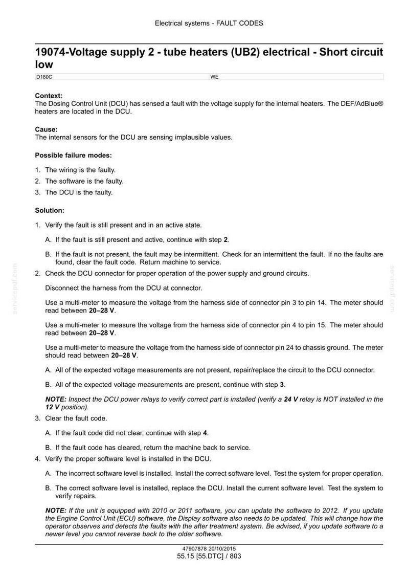 May include: A document detailing fault codes for electrical systems, specifically for tube heaters. The text includes troubleshooting steps, voltage measurements, and software update instructions. The document is dated October 20, 2015.