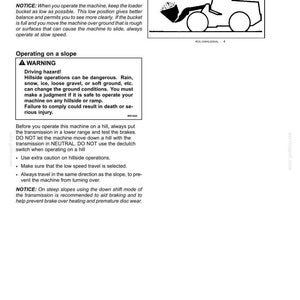 May include: Diagram of a loader machine with text about working operations, including transport, carrying, and operating on a slope. The text includes safety warnings and instructions for safe operation.