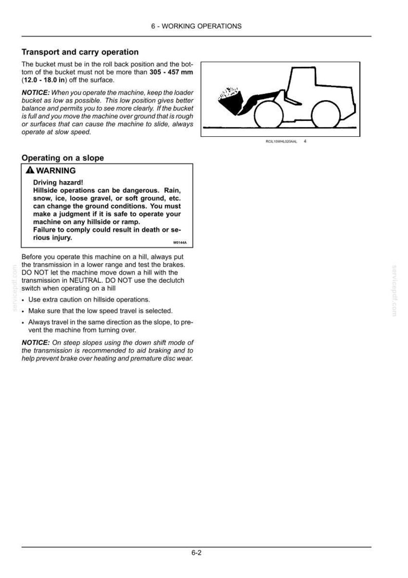 May include: Diagram of a loader machine with text about working operations, including transport, carrying, and operating on a slope. The text includes safety warnings and instructions for safe operation.