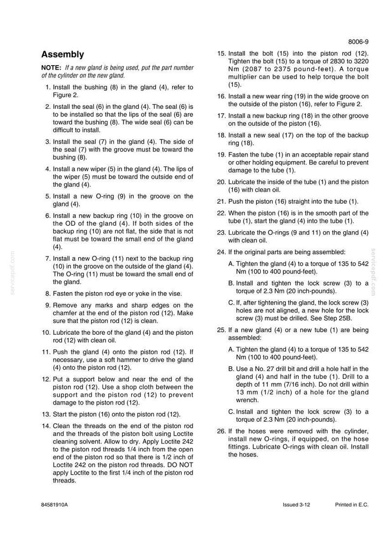 May include: A technical document page titled Assembly, numbered 8006-9, containing detailed numbered instructions for installing cylinder components, including torque specifications in Nm and pound-feet, and drill bit sizes in inches.