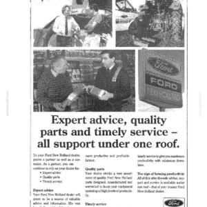May include: A black and white vintage advertisement for Ford New Holland featuring a combine harvester, a person in a shirt and tie, and two people interacting in a shop. The text reads: Expert advice, quality parts and timely service - all support under one roof.