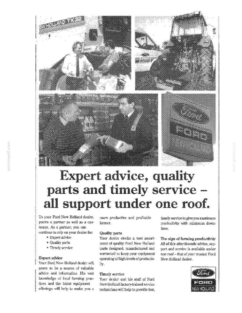 May include: A black and white vintage advertisement for Ford New Holland featuring a combine harvester, a person in a shirt and tie, and two people interacting in a shop. The text reads: Expert advice, quality parts and timely service - all support under one roof.