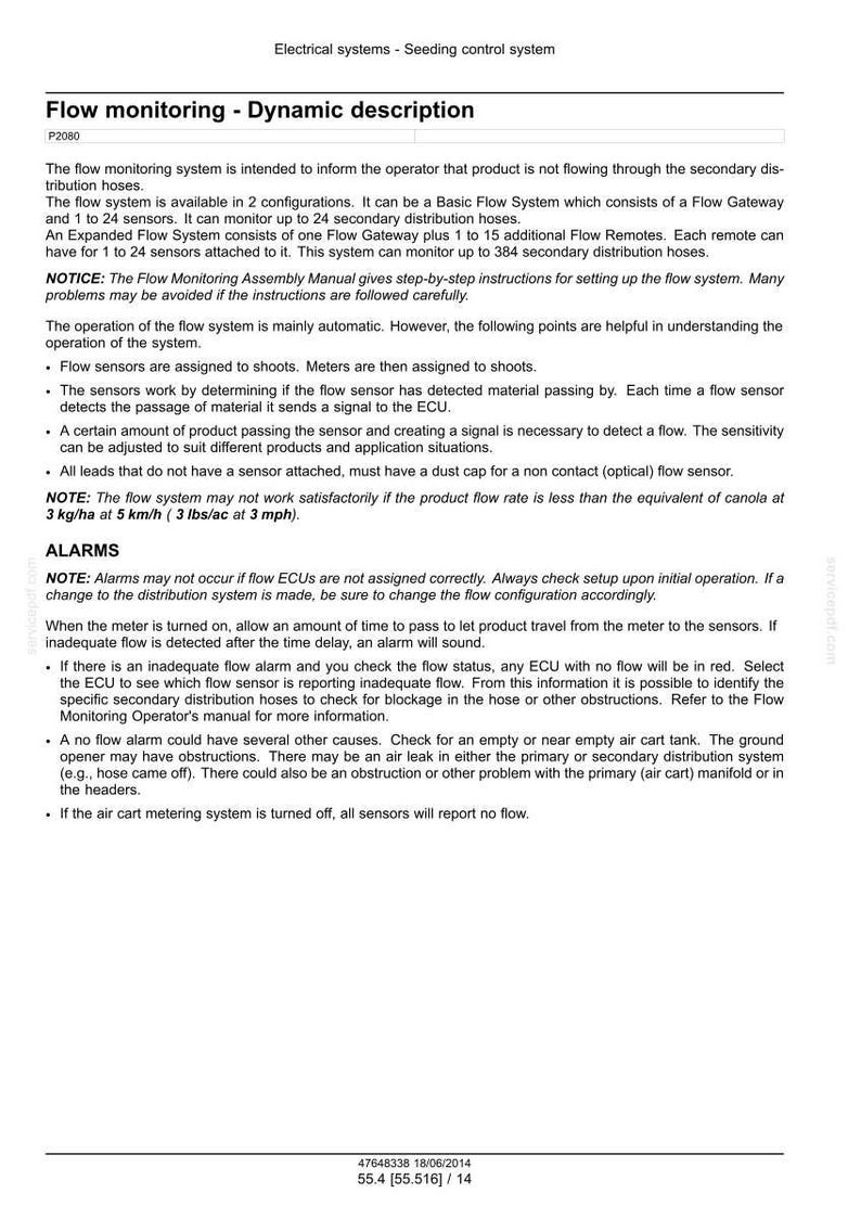 May include: A document titled "Flow monitoring - Dynamic description" with technical details about a seeding control system. Includes information on flow sensors, alarms, and system configurations. The document is dated June 18, 2014.