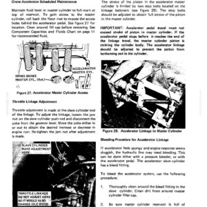 Op de afbeelding: Een zwart-wit diagram uit een handleiding getiteld "Carrier and Engine" met de tekst "DROTT. CRUZ-CRANE." Het diagram toont instructies voor het onderhoud van de accelerator, inclusief diagrammen van de hoofdremcilinder en de gashendel.