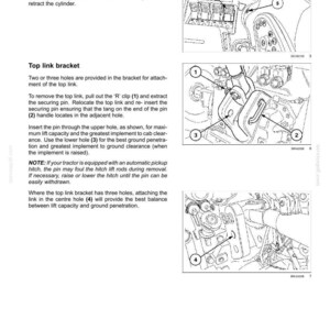 Puede incluir: Una p&aacute;gina de manual t&eacute;cnico titulada 6-WORKING OPERATIONS con dibujos lineales en blanco y negro de componentes de tractor. Los diagramas muestran un soporte de tercer punto, un pasador en R, pasadores de seguridad y palancas numeradas del 1 al 5.