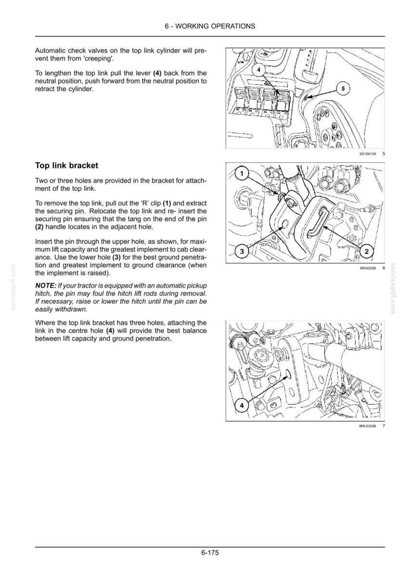 Puede incluir: Una p&aacute;gina de manual t&eacute;cnico titulada 6-WORKING OPERATIONS con dibujos lineales en blanco y negro de componentes de tractor. Los diagramas muestran un soporte de tercer punto, un pasador en R, pasadores de seguridad y palancas numeradas del 1 al 5.