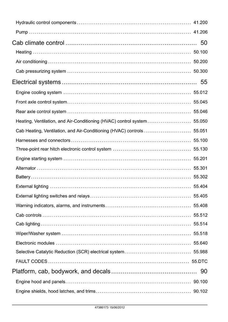 May include: A detailed list of hydraulic, cab climate, and electrical systems, including engine cooling, lighting, and warning indicators. The document also lists fault codes and platform components. The date on the bottom of the page is 15/06/2012.