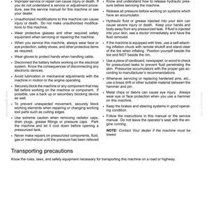 Puede incluir: P&aacute;gina de un manual con informaci&oacute;n de seguridad. El texto incluye advertencias sobre precauciones de mantenimiento, como el uso de equipo de protecci&oacute;n y evitar modificaciones no autorizadas. Tambi&eacute;n se incluyen precauciones de transporte.