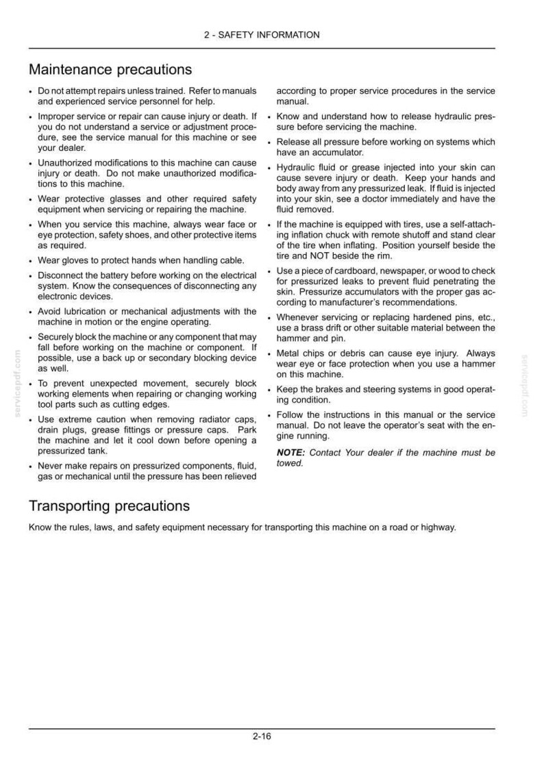 Puede incluir: P&aacute;gina de un manual con informaci&oacute;n de seguridad. El texto incluye advertencias sobre precauciones de mantenimiento, como el uso de equipo de protecci&oacute;n y evitar modificaciones no autorizadas. Tambi&eacute;n se incluyen precauciones de transporte.