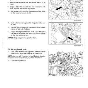May include: Diagram illustrating engine oil filter replacement and oil tank filling procedures. Includes numbered steps and diagrams with arrows pointing to specific engine components. Text includes torque specifications in foot-pounds.