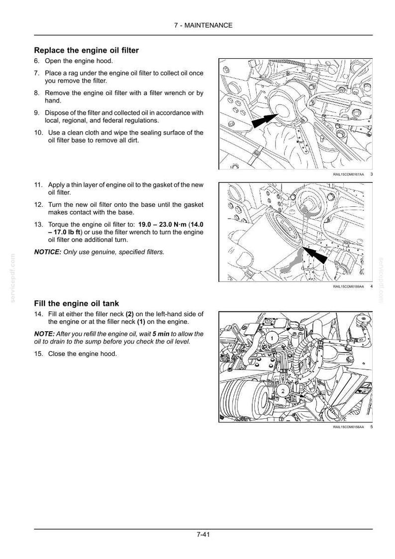 May include: Diagram illustrating engine oil filter replacement and oil tank filling procedures. Includes numbered steps and diagrams with arrows pointing to specific engine components. Text includes torque specifications in foot-pounds.