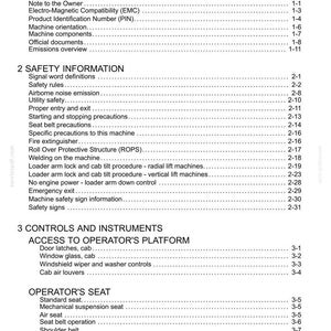 May include: A white document page with the title "Contents" at the top. The document is a table of contents for a machine manual, with numbered sections and subheadings, including "General Information" and "Safety Information."