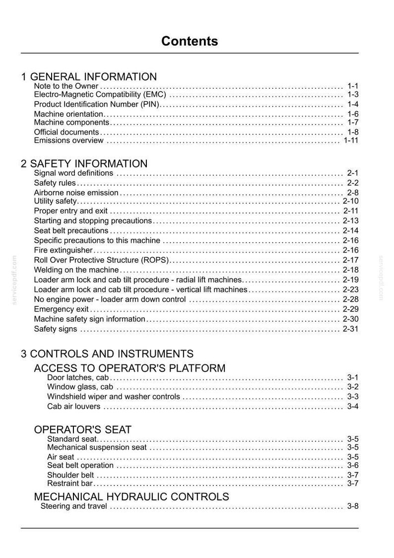 May include: A white document page with the title "Contents" at the top. The document is a table of contents for a machine manual, with numbered sections and subheadings, including "General Information" and "Safety Information."