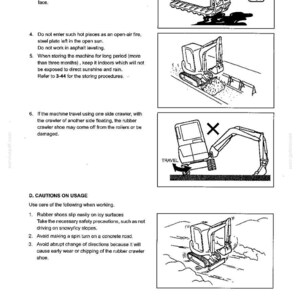 May include: A technical manual page titled 3. MACHINE OPERATION featuring black and white line drawings of an excavator. The illustrations depict safety warnings regarding rubber crawler tracks, avoiding oil contact, and proper travel techniques.