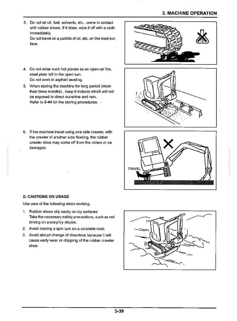 May include: A technical manual page titled 3. MACHINE OPERATION featuring black and white line drawings of an excavator. The illustrations depict safety warnings regarding rubber crawler tracks, avoiding oil contact, and proper travel techniques.