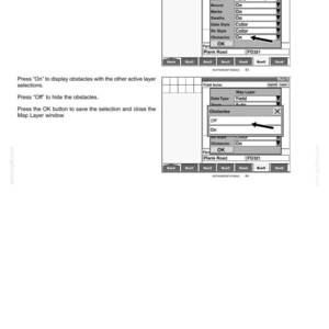 May include: A technical manual page titled 3-SETUP showing two diagrams of a digital interface. The diagrams illustrate how to access the Map Layer window, select the Obstacles option, and toggle between On and Off settings using arrows and text.