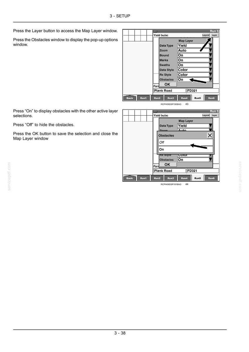 May include: A technical manual page titled 3-SETUP showing two diagrams of a digital interface. The diagrams illustrate how to access the Map Layer window, select the Obstacles option, and toggle between On and Off settings using arrows and text.