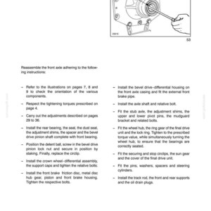 K&ouml;nnte beinhalten: Diagramm aus einem Handbuch, das Komponenten der mechanischen Vorderachsgetriebe zeigt. Enth&auml;lt eine detaillierte Abbildung eines Teils mit einem Schraubendreher sowie eine Liste mit Anweisungen zur Montage und Installation.