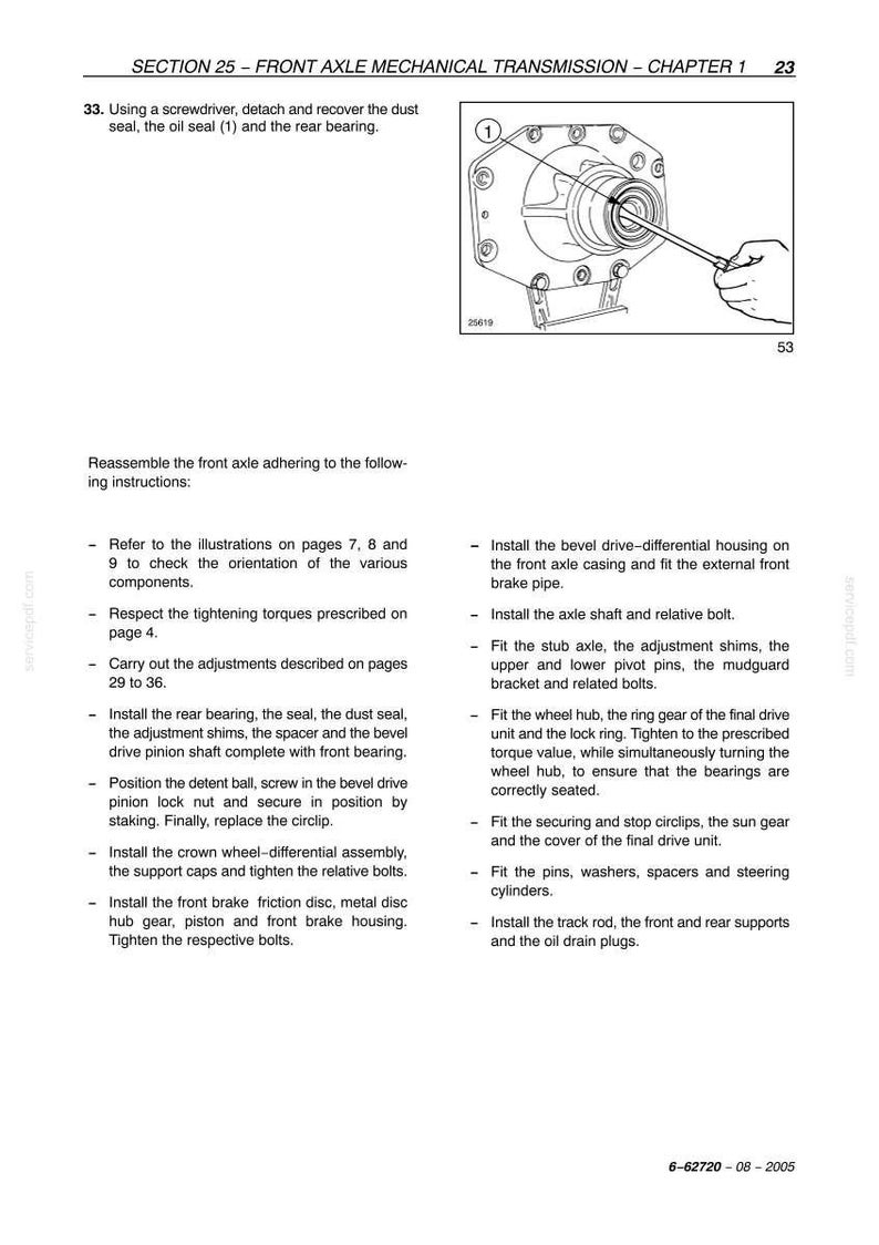 K&ouml;nnte beinhalten: Diagramm aus einem Handbuch, das Komponenten der mechanischen Vorderachsgetriebe zeigt. Enth&auml;lt eine detaillierte Abbildung eines Teils mit einem Schraubendreher sowie eine Liste mit Anweisungen zur Montage und Installation.