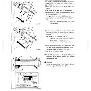 May include: A technical diagram illustrating the process for adjusting the bucket and arm gap on a shovel. The document includes detailed line drawings, labeled components A, B, C, D, V, X, and Z, and step-by-step instructions in English.