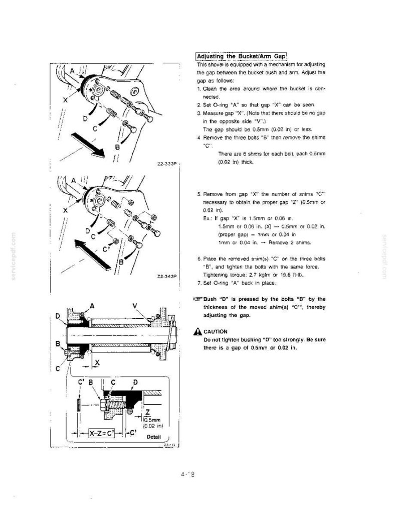 May include: A technical diagram illustrating the process for adjusting the bucket and arm gap on a shovel. The document includes detailed line drawings, labeled components A, B, C, D, V, X, and Z, and step-by-step instructions in English.