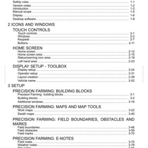 Może przedstawiać: Czarno-biała strona spisu treści zatytułowana Contents, zawierająca listę sekcji, takich jak General, Icons and Windows, Touch Controls, Home Screen, Display Setup oraz Precision Farming wraz z odpowiednimi numerami stron dokumentacji.