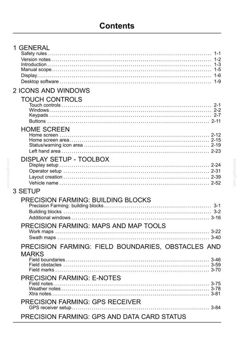 Może przedstawiać: Czarno-biała strona spisu treści zatytułowana Contents, zawierająca listę sekcji, takich jak General, Icons and Windows, Touch Controls, Home Screen, Display Setup oraz Precision Farming wraz z odpowiednimi numerami stron dokumentacji.