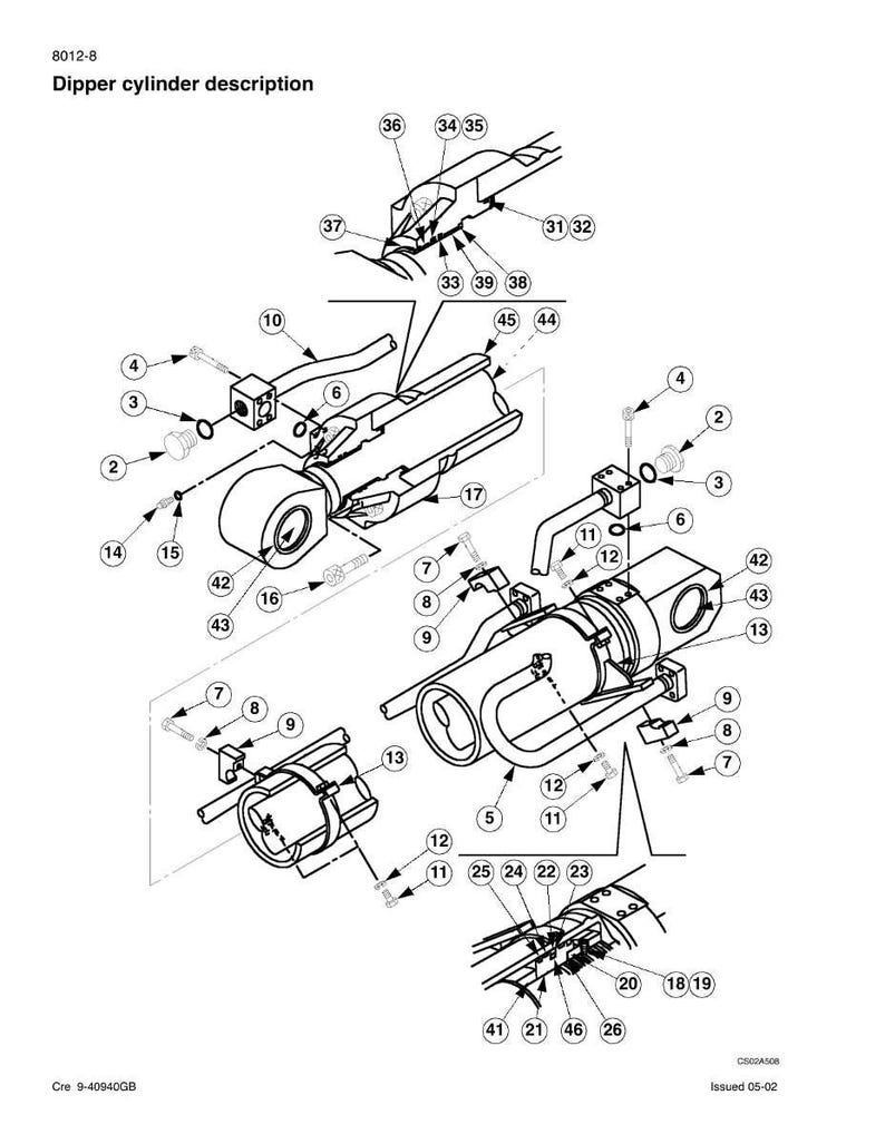 May include: A detailed engineering diagram of a dipper cylinder, labelled "Dipper cylinder description." The black and white illustration shows various mechanical components, including cylinders, bolts, and brackets, with numbered callouts for each part. The diagram includes the text "Cre 9-40940GB" and "Issued 05-02".