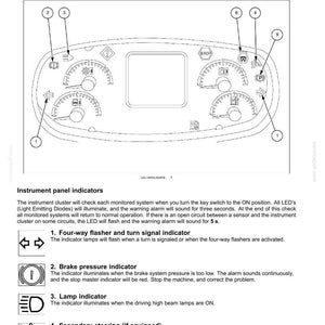 May include: Diagram of an instrument cluster with various indicators, including turn signals, brake pressure, and high beam lamps. The overview shows numbered components and text descriptions for each function. The image is a technical illustration.