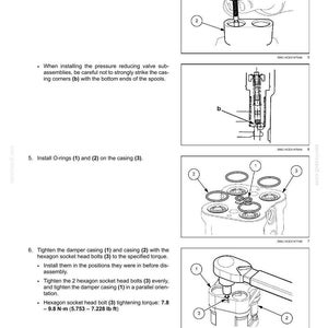May include: Diagram of hydraulic foot control components with labels and instructions. Includes images of valve subassemblies, O-rings, and tightening procedures. Text indicates torque specifications in lb ft.