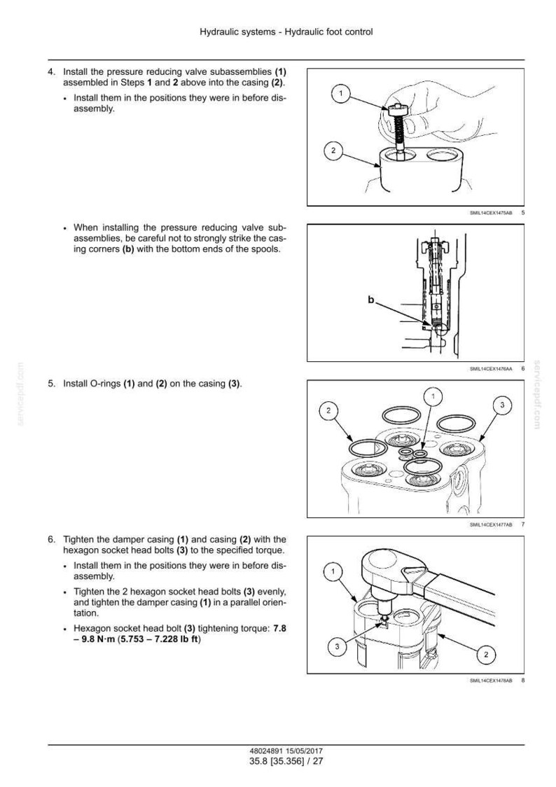 May include: Diagram of hydraulic foot control components with labels and instructions. Includes images of valve subassemblies, O-rings, and tightening procedures. Text indicates torque specifications in lb ft.