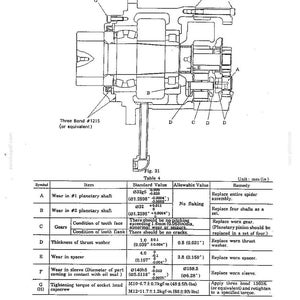 May include: A technical cross-section diagram labeled 4.3 Maintenance Standards, showing a mechanical assembly with components marked A through H. A table below lists standard and allowable values in inches and millimeters for parts.