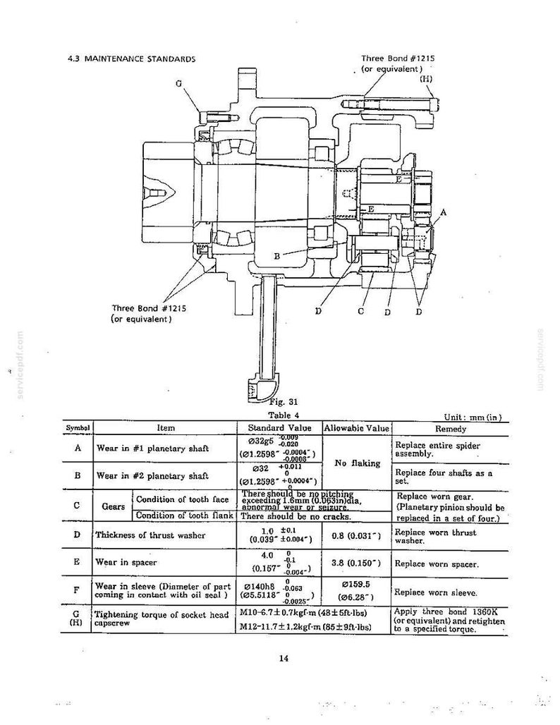 May include: A technical cross-section diagram labeled 4.3 Maintenance Standards, showing a mechanical assembly with components marked A through H. A table below lists standard and allowable values in inches and millimeters for parts.