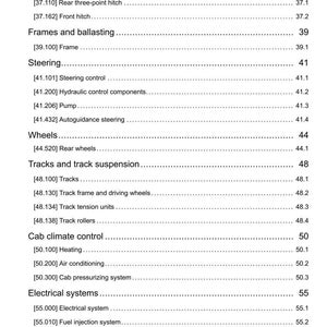 Op de afbeelding: Inhoudsopgave van een technisch handboek met secties over koppelingen, besturing, wielen, rupsbanden en elektrische systemen. Het document bevat paginanummers en subsecties.