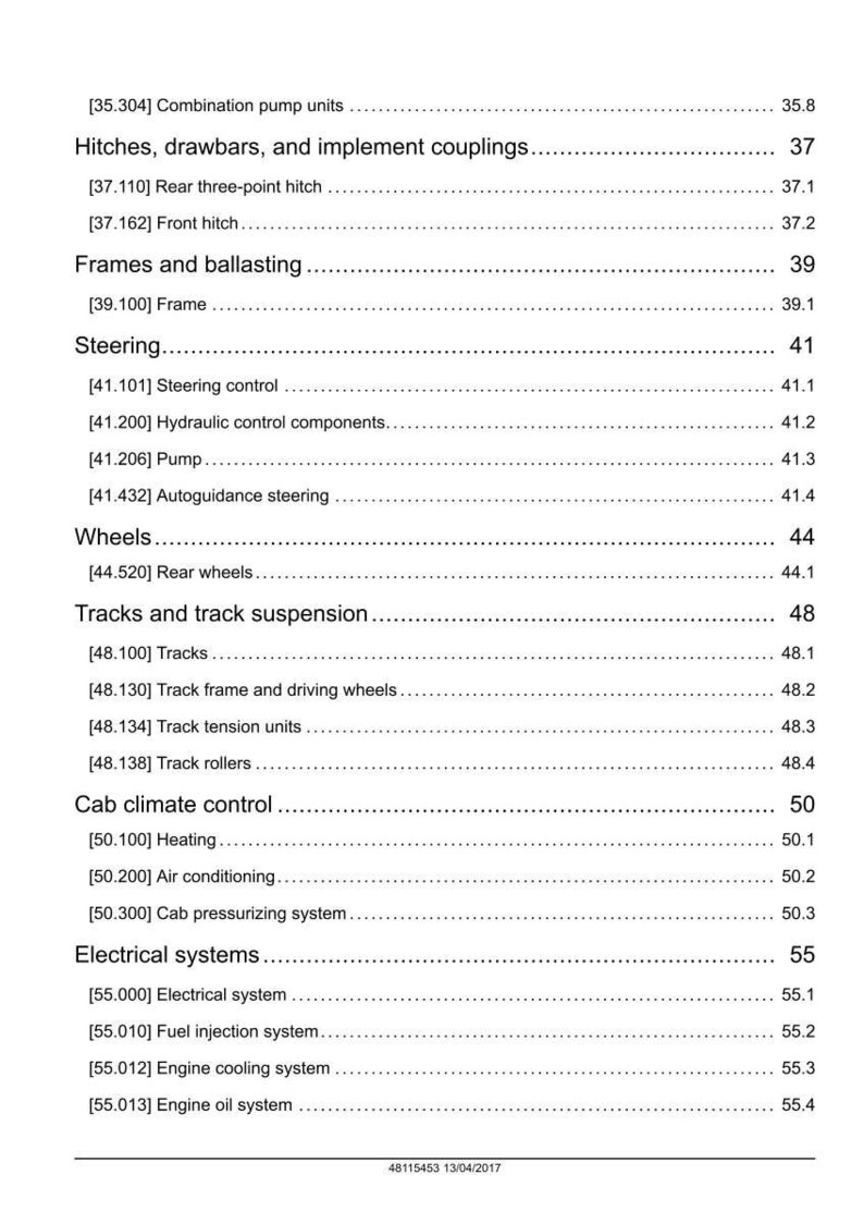 Op de afbeelding: Inhoudsopgave van een technisch handboek met secties over koppelingen, besturing, wielen, rupsbanden en elektrische systemen. Het document bevat paginanummers en subsecties.